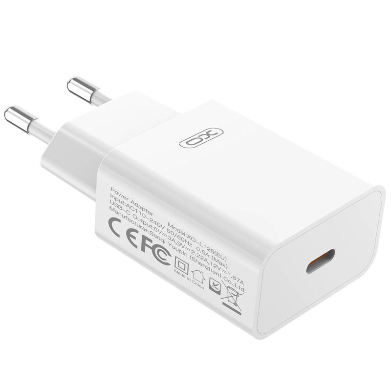 Netværksoplader med USB-C kabel XO Design L126, 20W, 3A, 1 x USB-C, Hvid