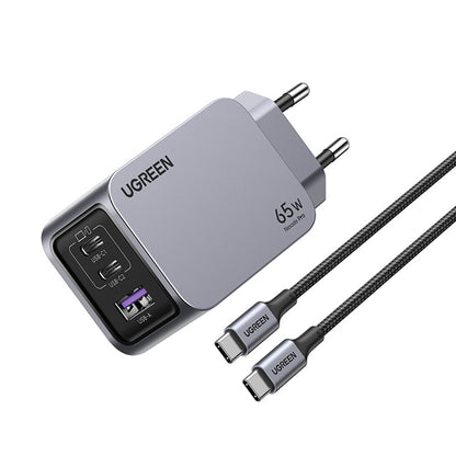 Netværksoplader med USB-C kabel UGREEN X755 Nexode Pro, 65W, 3A, 1 x USB-A - 2 x USB-C, Grå