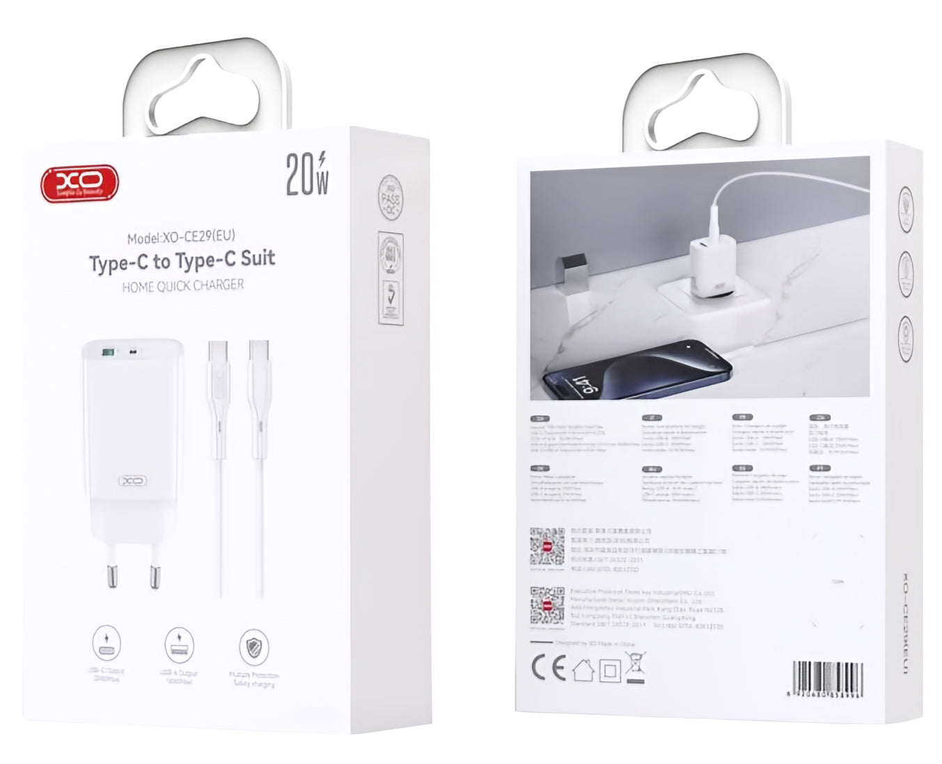 Netværksoplader med USB-C kabel XO Design CE29, 20W, 3A, 1 x USB-A - 1 x USB-C, Hvid