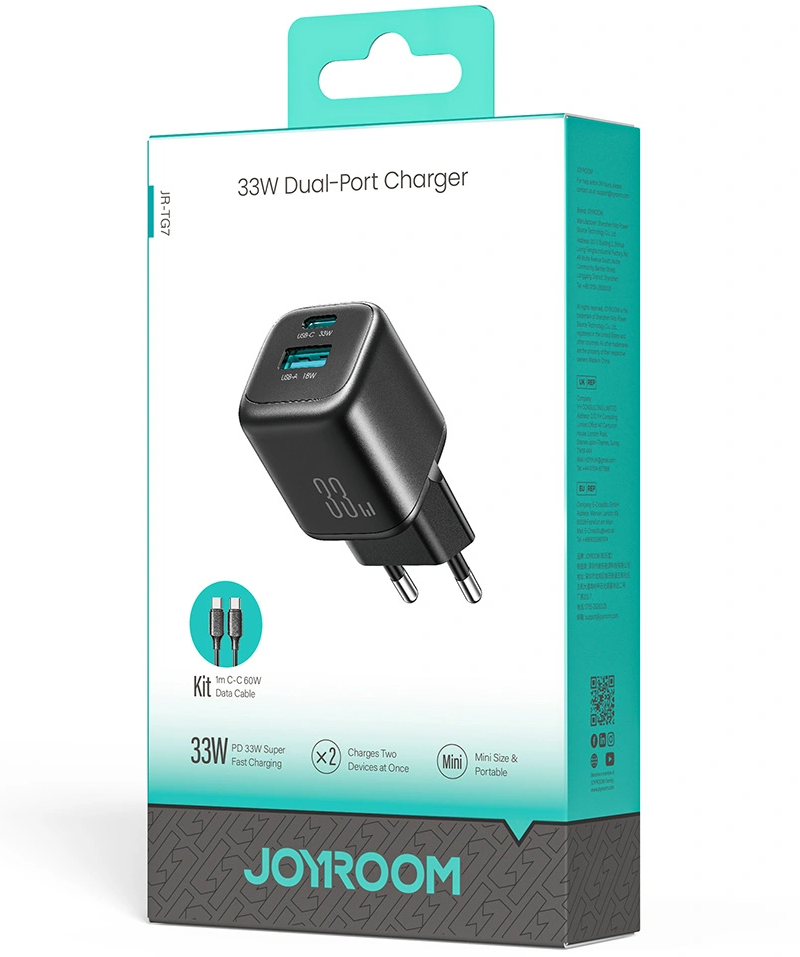 Netoplader med USB-C-kabel Joyroom JR-TG7, 33W, 3A, 1 x USB-A - 1 x USB-C, Sort