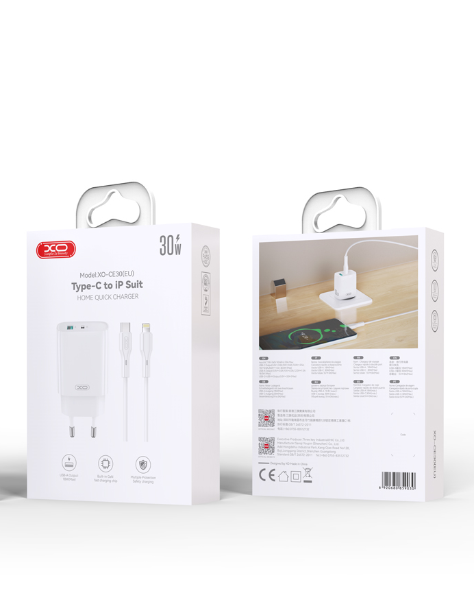 Netværksoplader med Lightning-kabel XO Design CE30, 30W, 3A, 1 x USB-A - 1 x USB-C, Hvid