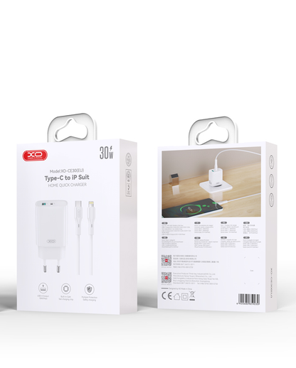 Netværksoplader med Lightning-kabel XO Design CE30, 30W, 3A, 1 x USB-A - 1 x USB-C, Hvid