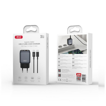 Netværksoplader med USB-C kabel XO Design L156, 30W, 3A, 1 x USB-A - 1 x USB-C, Sort