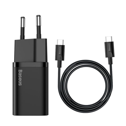 Baseus Super Si USB-C-netværksoplader med USB-C-kabel, 25W, 3A, 1 x USB-C, sort TZCCCSUP-L01