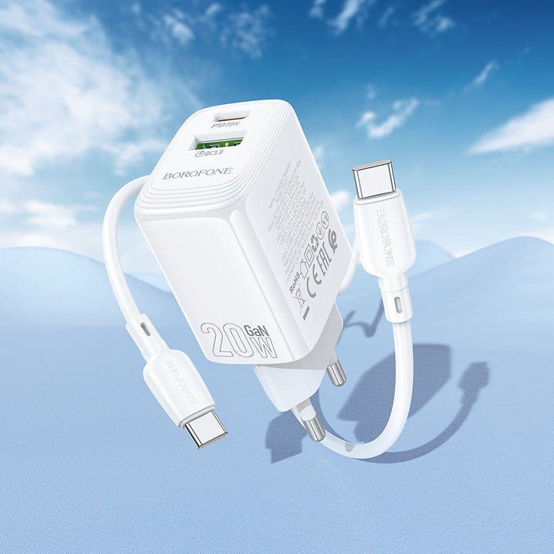 Netværksoplader med USB-C kabel Borofone BN27 Fuente, 20W, 3A, 1 x USB-A - 1 x USB-C, Hvid