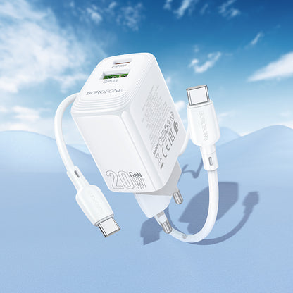 Netværksoplader med USB-C kabel Borofone BN27 Fuente, 20W, 3A, 1 x USB-A - 1 x USB-C, Hvid