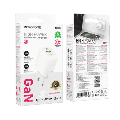Network Charger with USB-C Cable Borofone BN29 Fuente, 30W, 3A, 1 x USB-A - 1 x USB-C, White