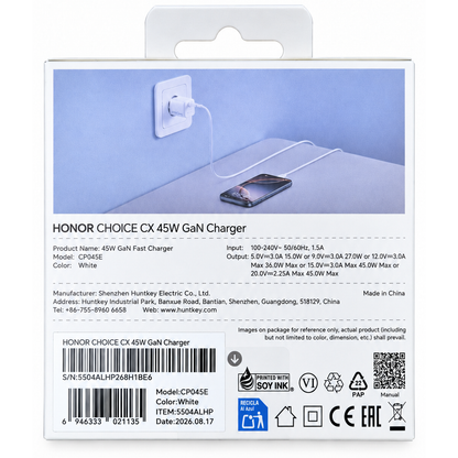 Honor Choice CP045E USB-C Cable Wall Charger, 45W, 3A, 1 x USB-C, White 5504ALHP