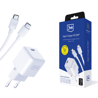 Netværksoplader med USB-C kabel 3MK Hyper, 25W, 3A, 1 x USB-C, Hvid