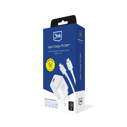 Netværksoplader med USB-C kabel 3MK Hyper, 25W, 3A, 1 x USB-C, Hvid