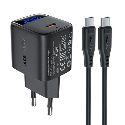 Netværksoplader med USB-C kabel Acefast A113 Display, 20W, 3A, 1 x USB-C, Sort