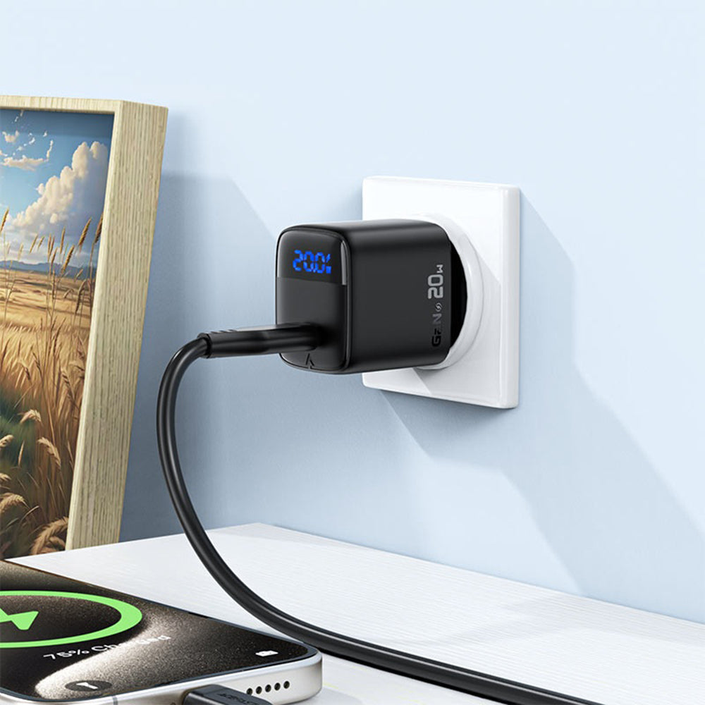 Netværksoplader med USB-C kabel Acefast A113 Display, 20W, 3A, 1 x USB-C, Sort