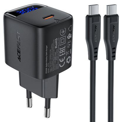 Netværksoplader med USB-C kabel Acefast A115 Display, 30W, 3A, 1 x USB-C, Sort