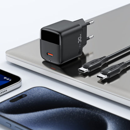 Netværksoplader med USB-C kabel Acefast A115 Display, 30W, 3A, 1 x USB-C, Sort