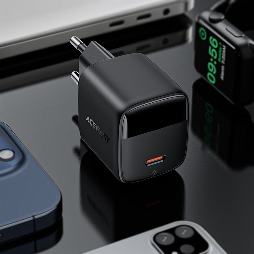 Netværksoplader med USB-C kabel Acefast A115 Display, 30W, 3A, 1 x USB-C, Sort