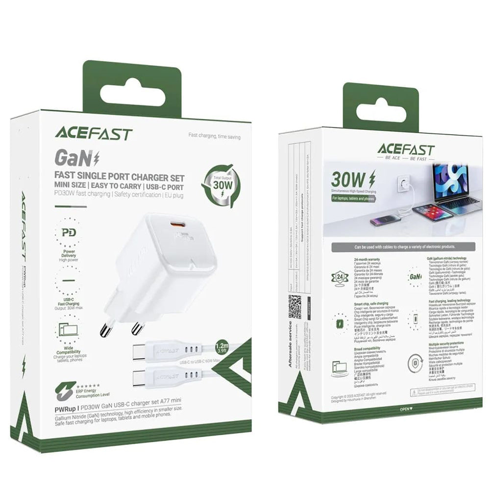 Netværksoplader med USB-C kabel Acefast A77, 30W, 3A, 1 x USB-C, Hvid