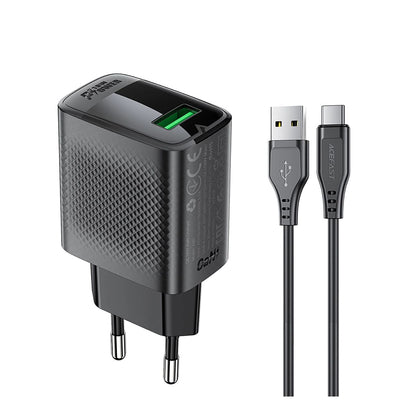 Netværksoplader med USB-C Kabel Acefast A90, 18W, 3A, 1 x USB-A, Sort