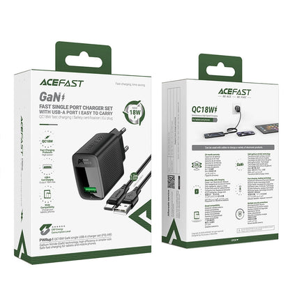 Netværksoplader med USB-C Kabel Acefast A90, 18W, 3A, 1 x USB-A, Sort