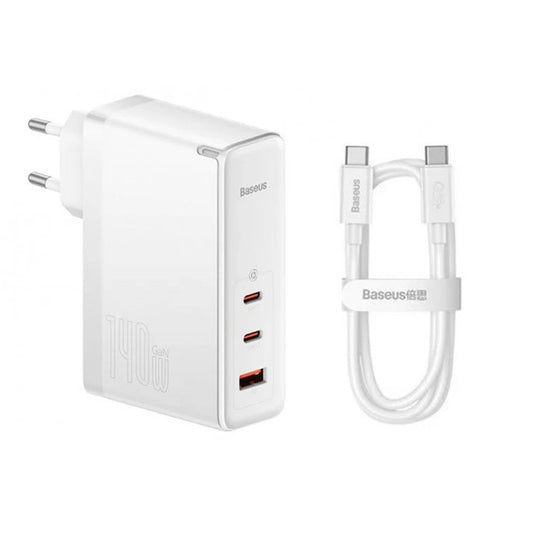 Netværksoplader med USB-C kabel Baseus GaN5 Pro, 140W, 5A, 1 x USB-A - 2 x USB-C, Hvid CCGP100202