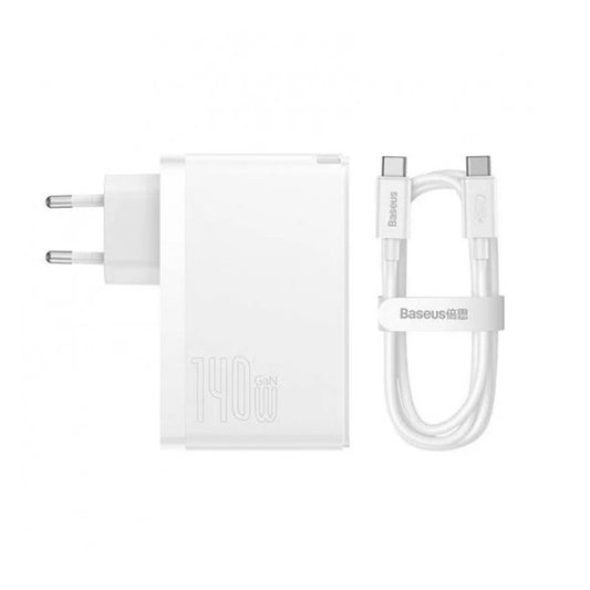 Netværksoplader med USB-C kabel Baseus GaN5 Pro, 140W, 5A, 1 x USB-A - 2 x USB-C, Hvid CCGP100202