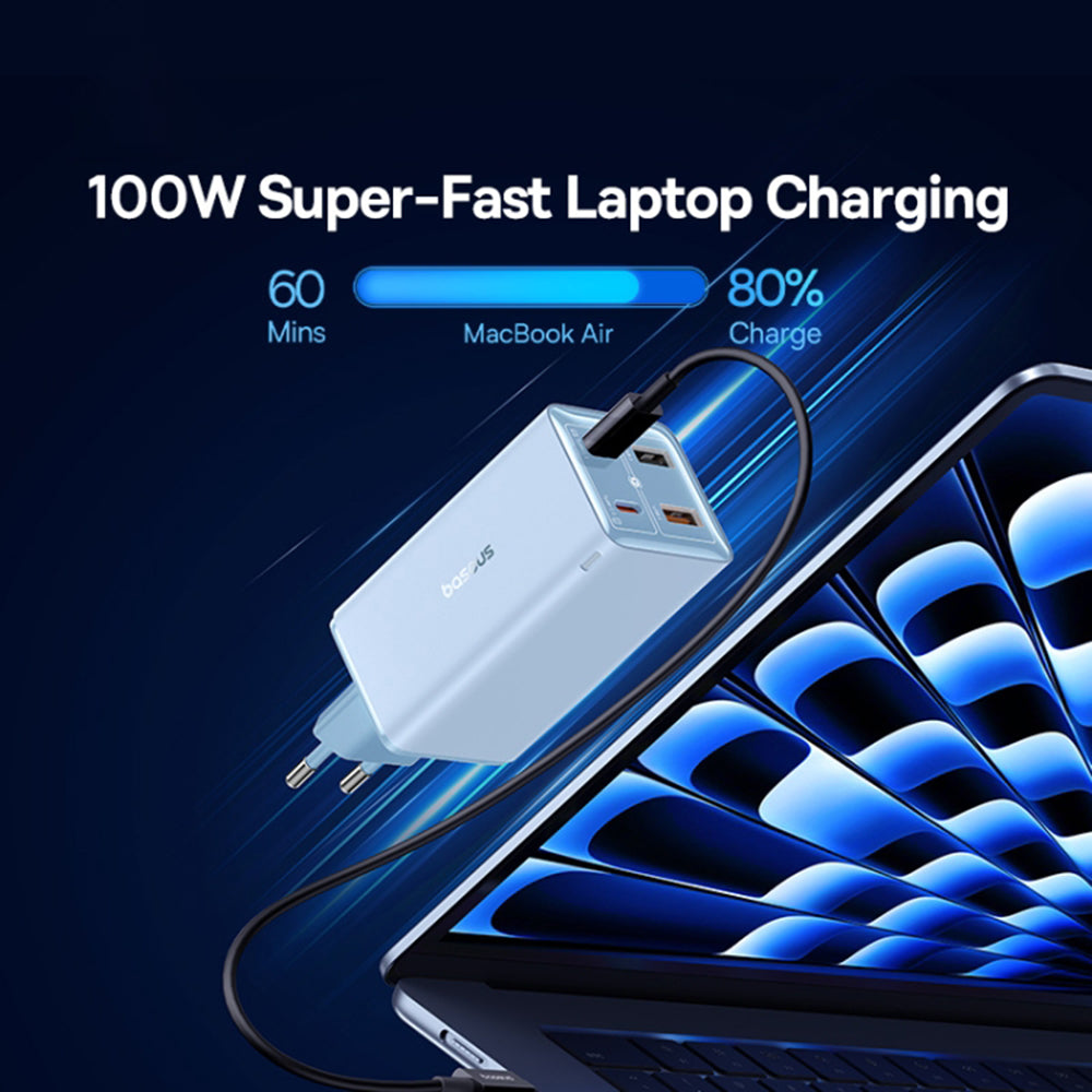 Netværksoplader med USB-C kabel Baseus GaN6 Pro, 100W, 3.25A, 2 x USB-A - 2 x USB-C, Blå P10162705312-00