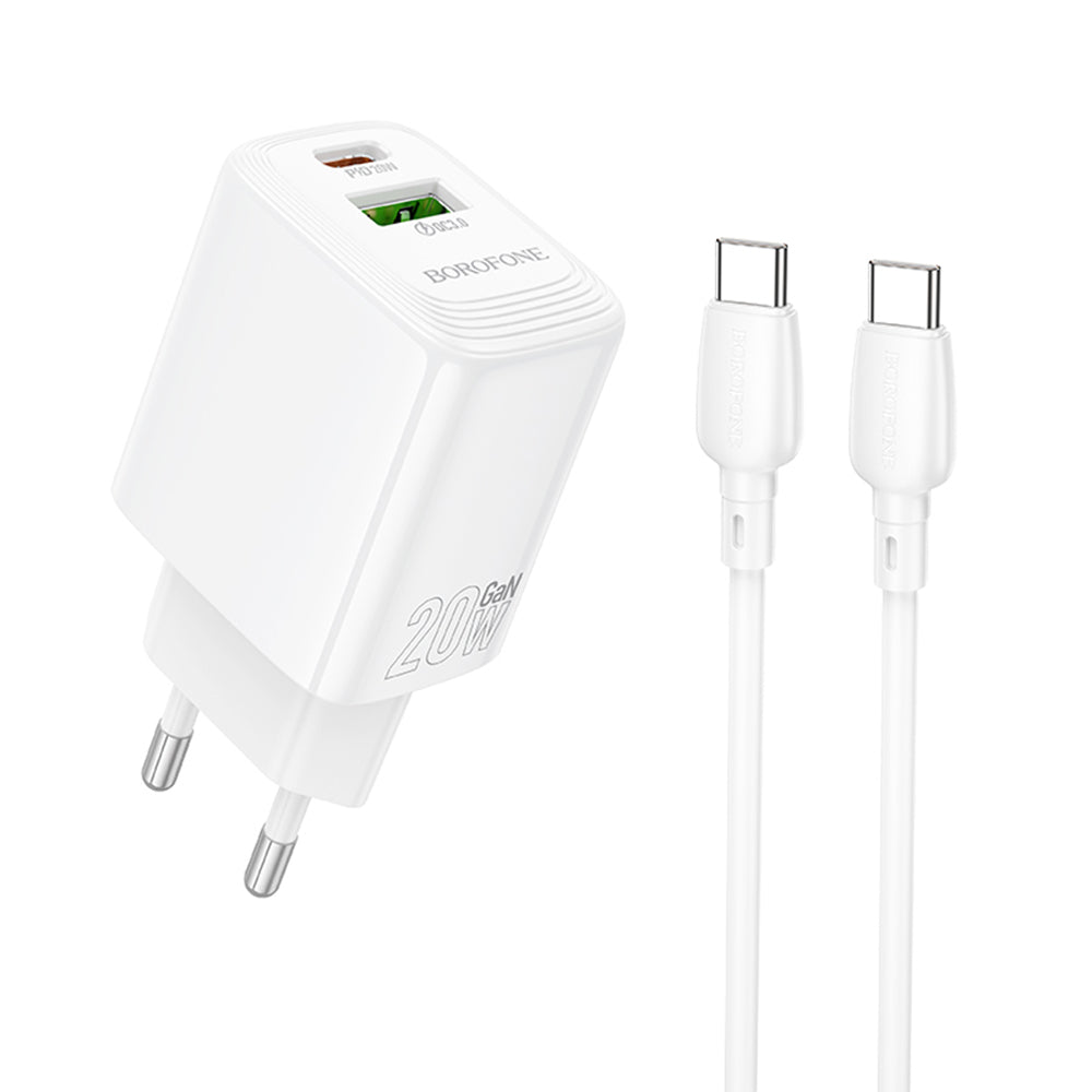 Netværksoplader med USB-C kabel Borofone BN27 Fuente, 20W, 3A, 1 x USB-A - 1 x USB-C, Hvid
