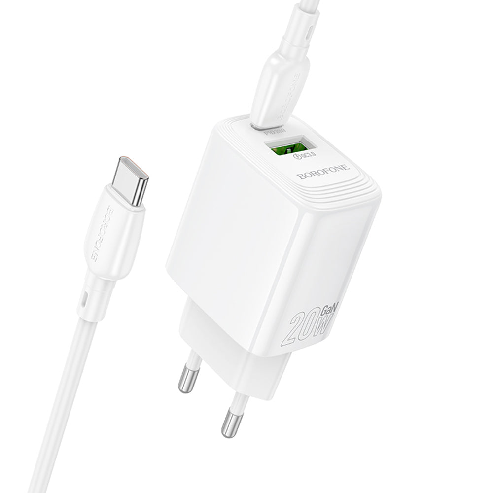 Netværksoplader med USB-C kabel Borofone BN27 Fuente, 20W, 3A, 1 x USB-A - 1 x USB-C, Hvid
