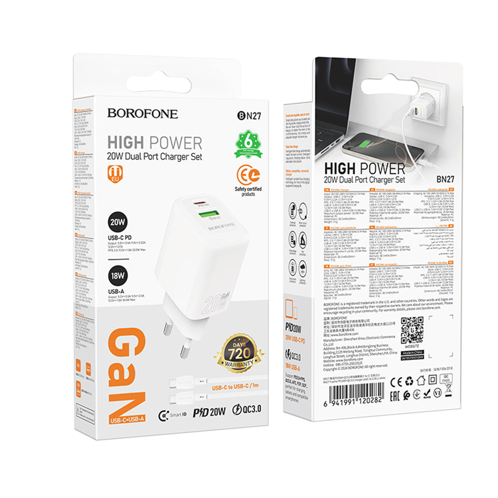 Netværksoplader med USB-C kabel Borofone BN27 Fuente, 20W, 3A, 1 x USB-A - 1 x USB-C, Hvid