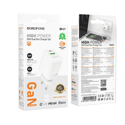 Netværksoplader med USB-C kabel Borofone BN27 Fuente, 20W, 3A, 1 x USB-A - 1 x USB-C, Hvid