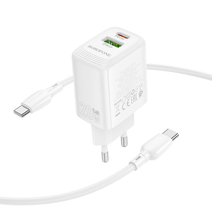 Netværksoplader med USB-C kabel Borofone BN27 Fuente, 20W, 3A, 1 x USB-A - 1 x USB-C, Hvid