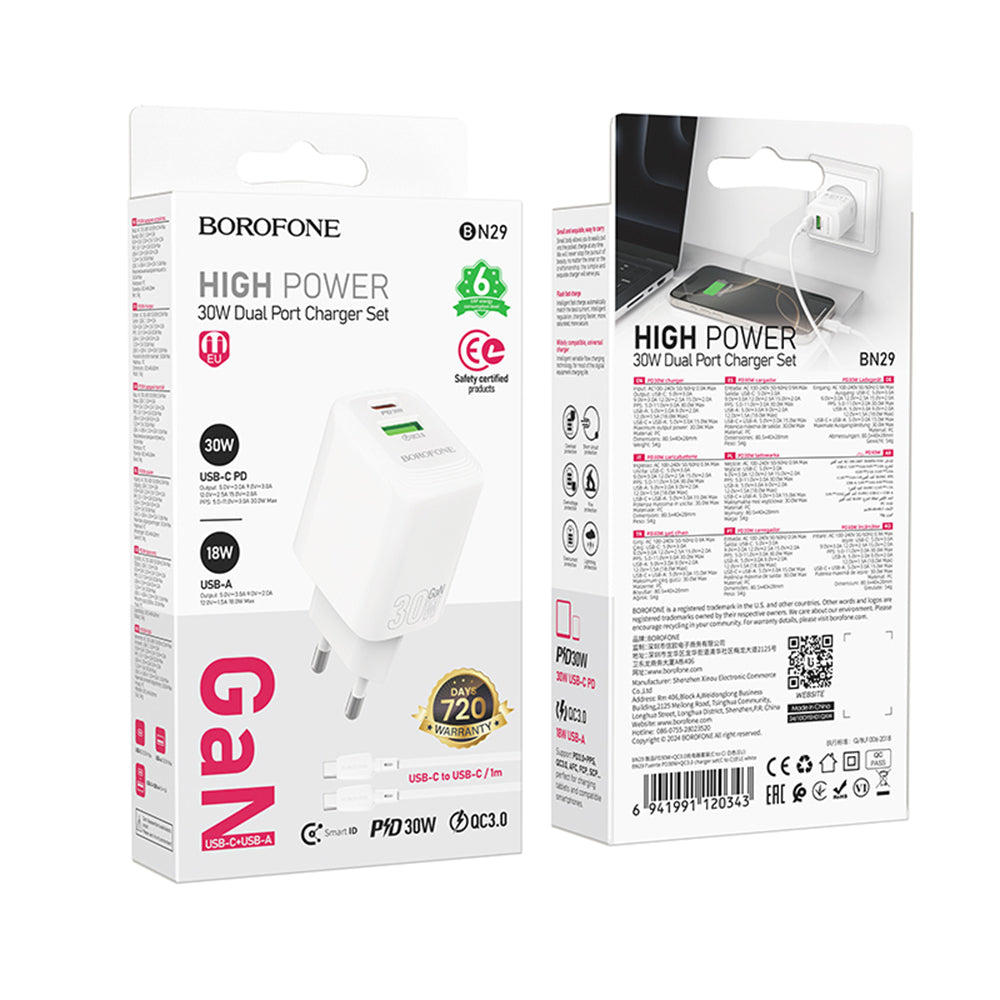 Network Charger with USB-C Cable Borofone BN29 Fuente, 30W, 3A, 1 x USB-A - 1 x USB-C, White