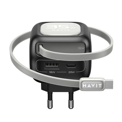 HAVIT UC251 USB-C Network Charger with Cable, 35W, 3A, 1 x USB-A - 1 x USB-C, Black Grey