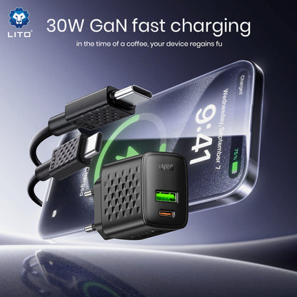 Netværksoplader med USB-C Kabel Lito LC19T, 30W, 3A, 1 x USB-A - 1 x USB-C, Sort