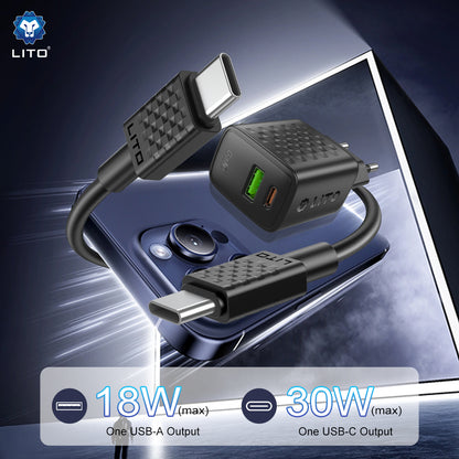 Netværksoplader med USB-C Kabel Lito LC19T, 30W, 3A, 1 x USB-A - 1 x USB-C, Sort