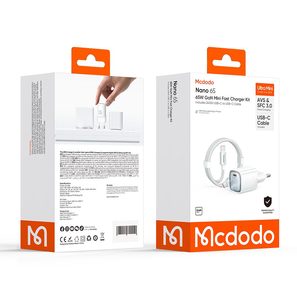 Netoplader med USB-C-kabel Mcdodo Nano CH-8263, 65W, 3,25A, 1 x USB-C, Hvid