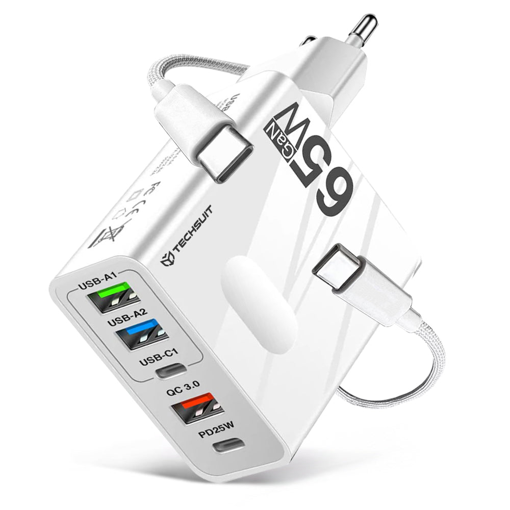 Netværksoplader med USB-C kabel Techsuit CHC1 PentaXPower, 25W, 3A, 3 x USB-A - 2 x USB-C, Hvid