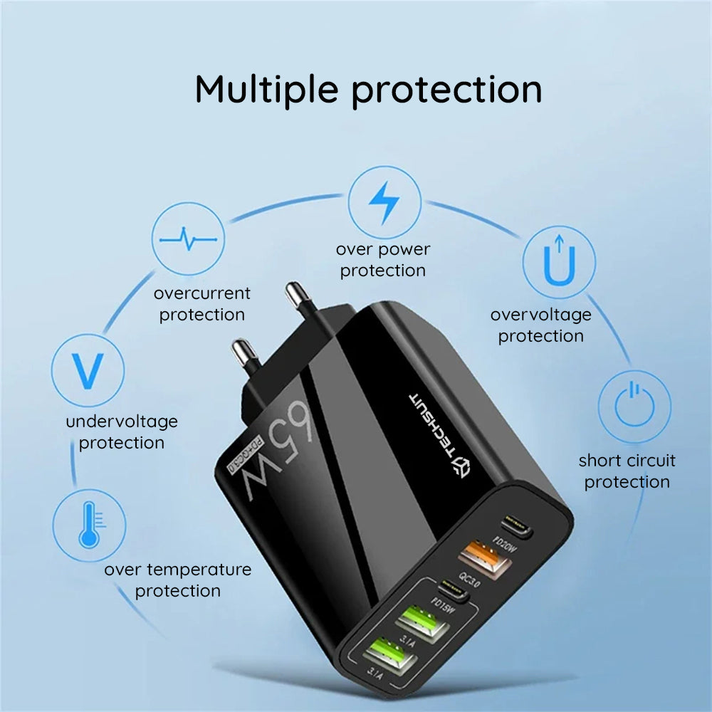 Netværksoplader med USB-C kabel Techsuit CHC2 PentaXPower, 20W, 3A, 3 x USB-A - 2 x USB-C, Hvid