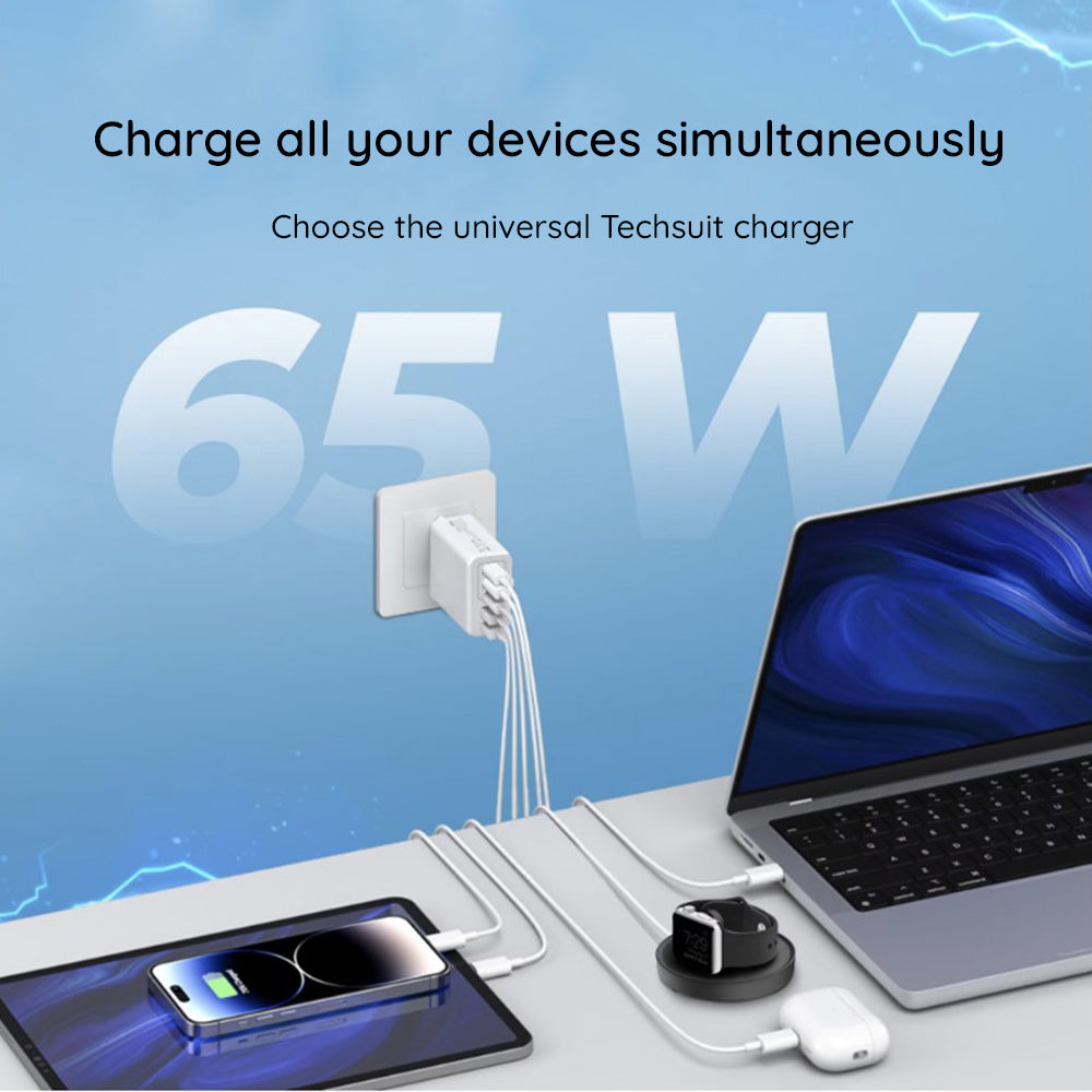 Netværksoplader med USB-C kabel Techsuit CHC2 PentaXPower, 20W, 3A, 3 x USB-A - 2 x USB-C, Hvid