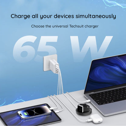 Netværksoplader med USB-C kabel Techsuit CHC2 PentaXPower, 20W, 3A, 3 x USB-A - 2 x USB-C, Hvid