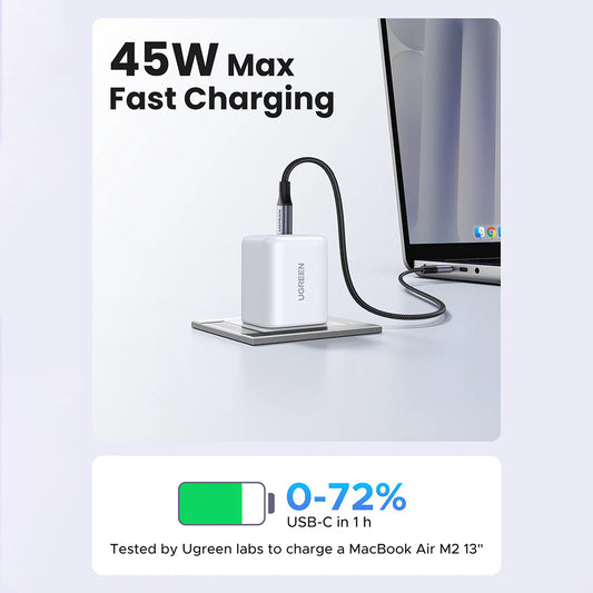 Netoplader med USB-C kabel UGREEN X524 (65055), 45W, 3A, 1 x USB-C, Hvid