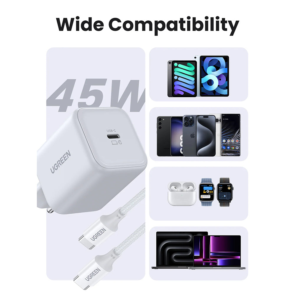 Netoplader med USB-C kabel UGREEN X524 (65055), 45W, 3A, 1 x USB-C, Hvid