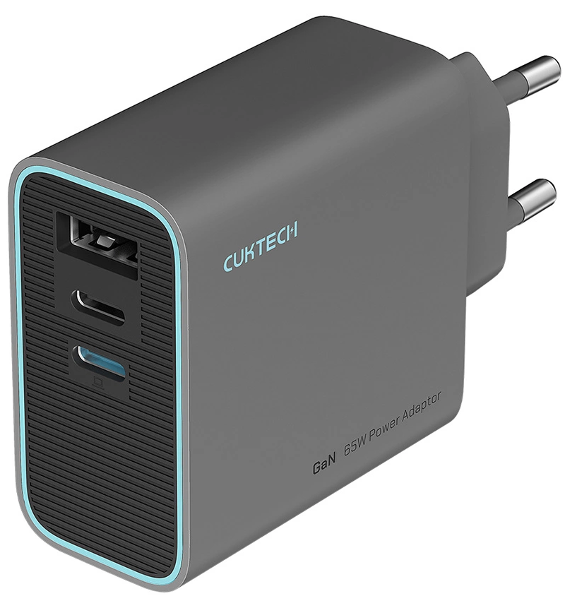 Cuktech Netværksoplader, 65W, 3A, 1 x USB-A - 2 x USB-C, Grå CUKAD653EUGR