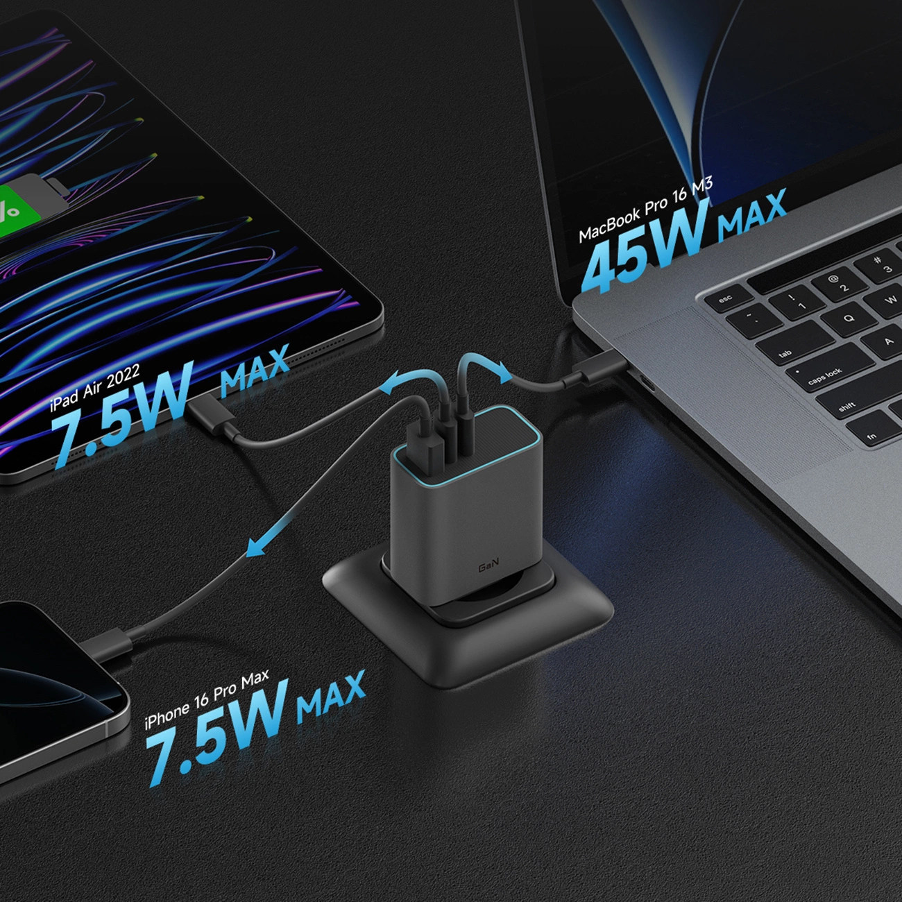 Cuktech Netværksoplader, 65W, 3A, 1 x USB-A - 2 x USB-C, Grå CUKAD653EUGR
