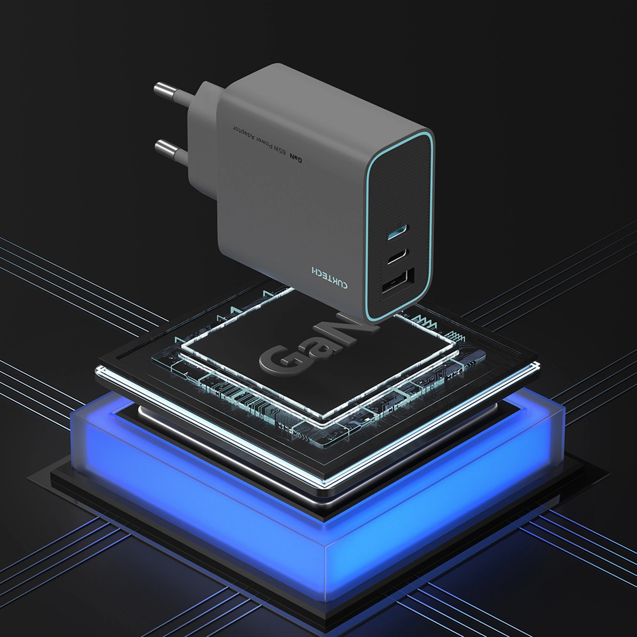 Cuktech Netværksoplader, 65W, 3A, 1 x USB-A - 2 x USB-C, Grå CUKAD653EUGR