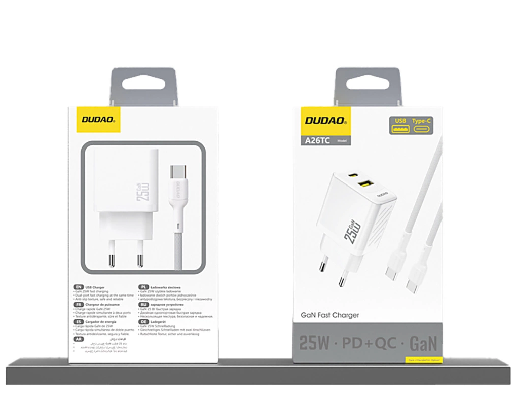 Dudao A26T Netværksoplader, 25W, 3A, 1 x USB-A - 1 x USB-C, Hvid