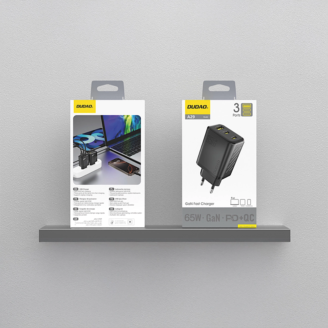 Netværksoplader Dudao A29, 65W, 1 x USB-A - 2 x USB-C, Sort