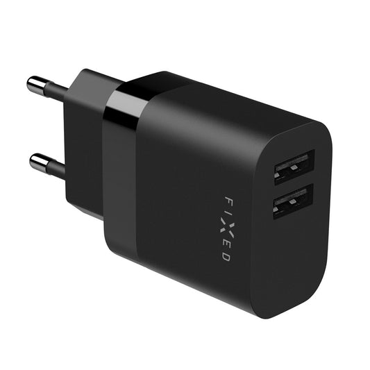 Fixed Netværksoplader, 17W, 3A, 2 x USB-A, Sort