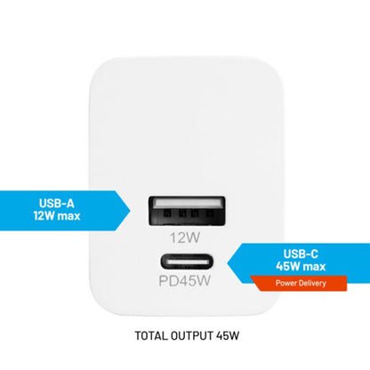 Fixed Mini Network Charger, 45W, 3A, 1 x USB-A - 1 x USB-C, White