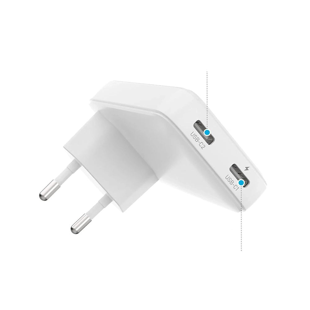 Netværksoplader Fixed Slim, 45W, 3A, 2 x USB-C, Hvid
