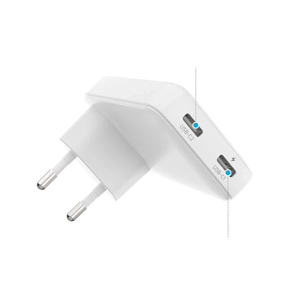 Netværksoplader Fixed Slim, 45W, 3A, 2 x USB-C, Hvid
